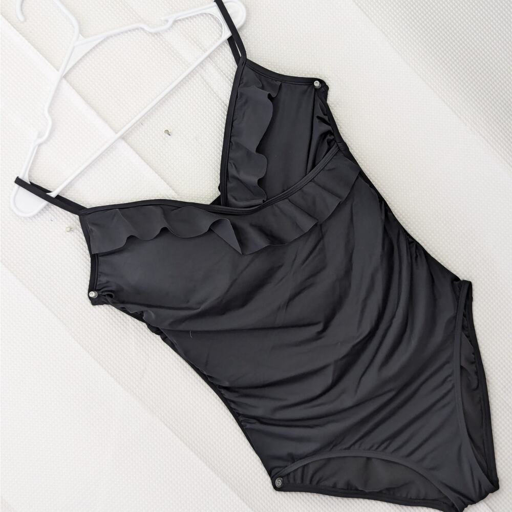 NWOT! TIME & TRU! LUXE BLACK CRISS-CROSS FRONT, RUFFLED, SHIRRED SWIMSUIT! SZ L